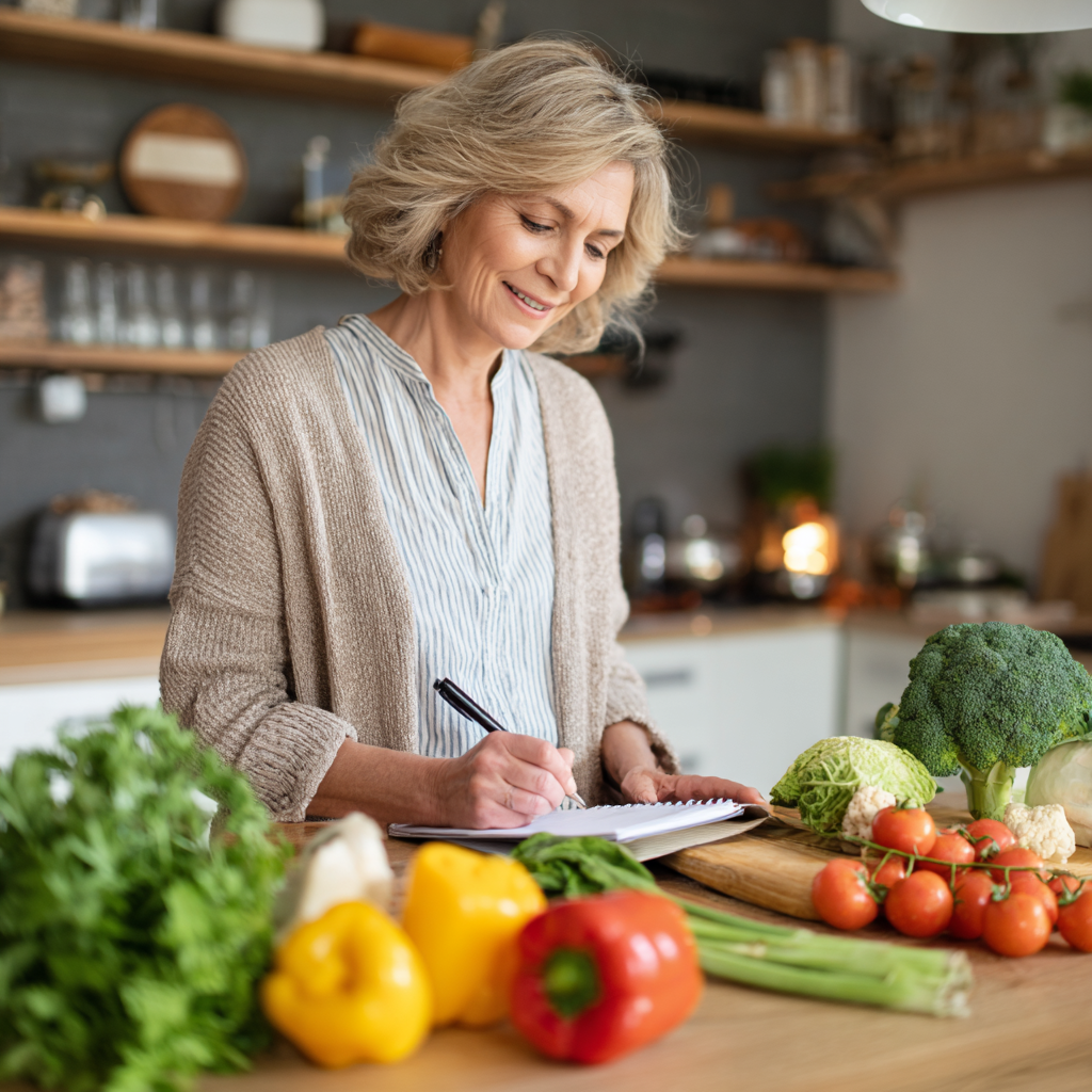 Middle-aged woman planning healthy meals with fresh vegetables